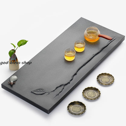 Handmade Carved Leaf Relief Black Stone Tea Tray Water Draining Tea Table Heavy