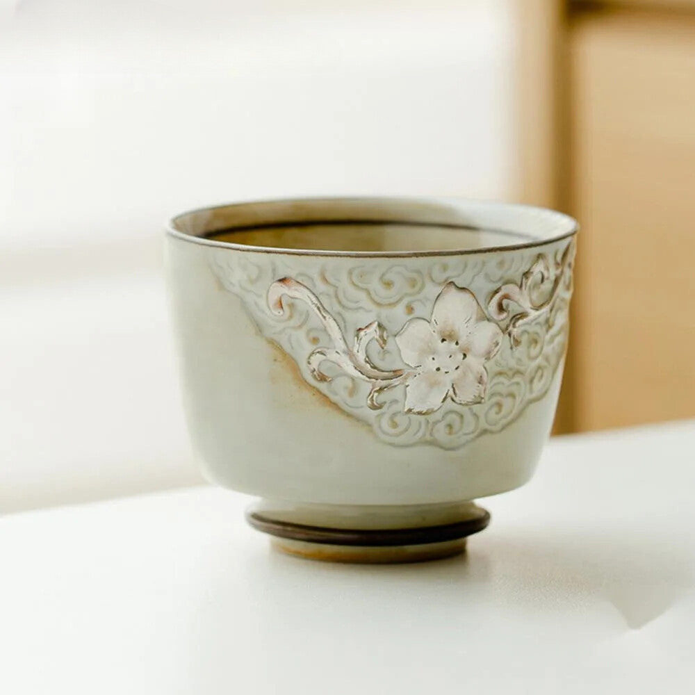 Powder Yin White Tea Cup Carved Drawing Silver Vine Flower High Foot Tea Bowl
