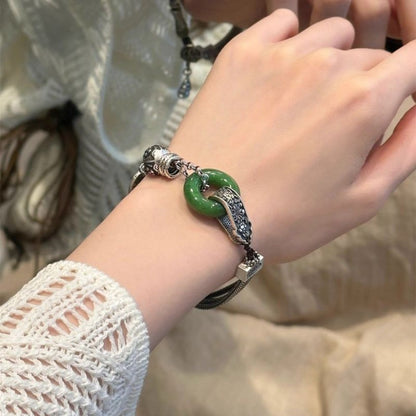 Vintage Chinese Jade Bracelet Retro Silver Tassel Beaded Bracelet for Women