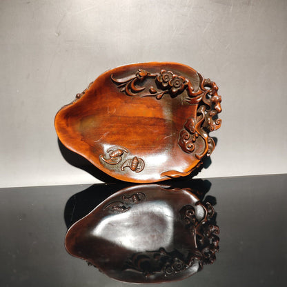 Old Beijing Boxwood Carved Flower Statue Writing-Brush Washer Cleaner Bat Gift