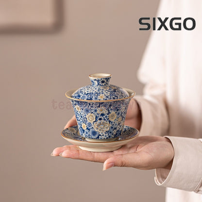Ru Kiln Blue and White Three Cai Gaiwan Ceramic Tea Cups Household Tea Bowls