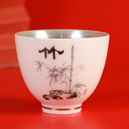 Chinese Tea Cup Pure Silver Personal Cup Mutton Fat Jade Porcelain Kungfu Teacup