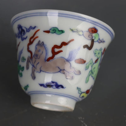 3.1" Ming Blue White Doucai Contrasting Colors Porcelain Animal Horse Cup
