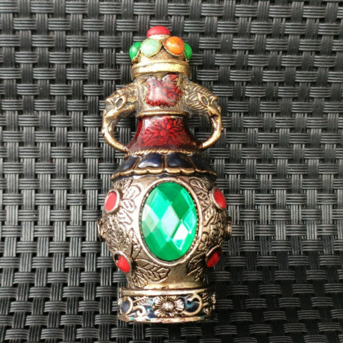 Ancient Chinese Silver and Green Faceted Gemstone Art Bottle