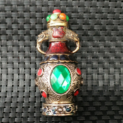 Ancient Chinese Silver and Green Faceted Gemstone Art Bottle