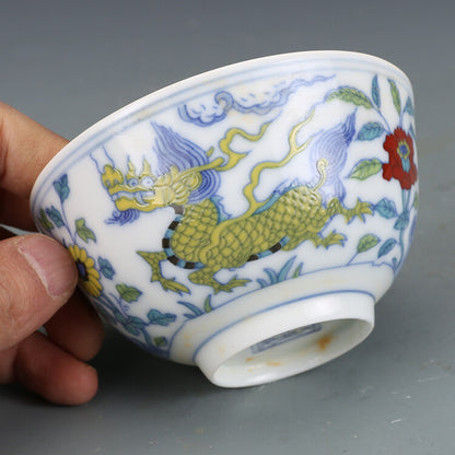 3.5" China Ming Doucai Porcelain Pottery Handmade Animal Kylin Cup Bowl