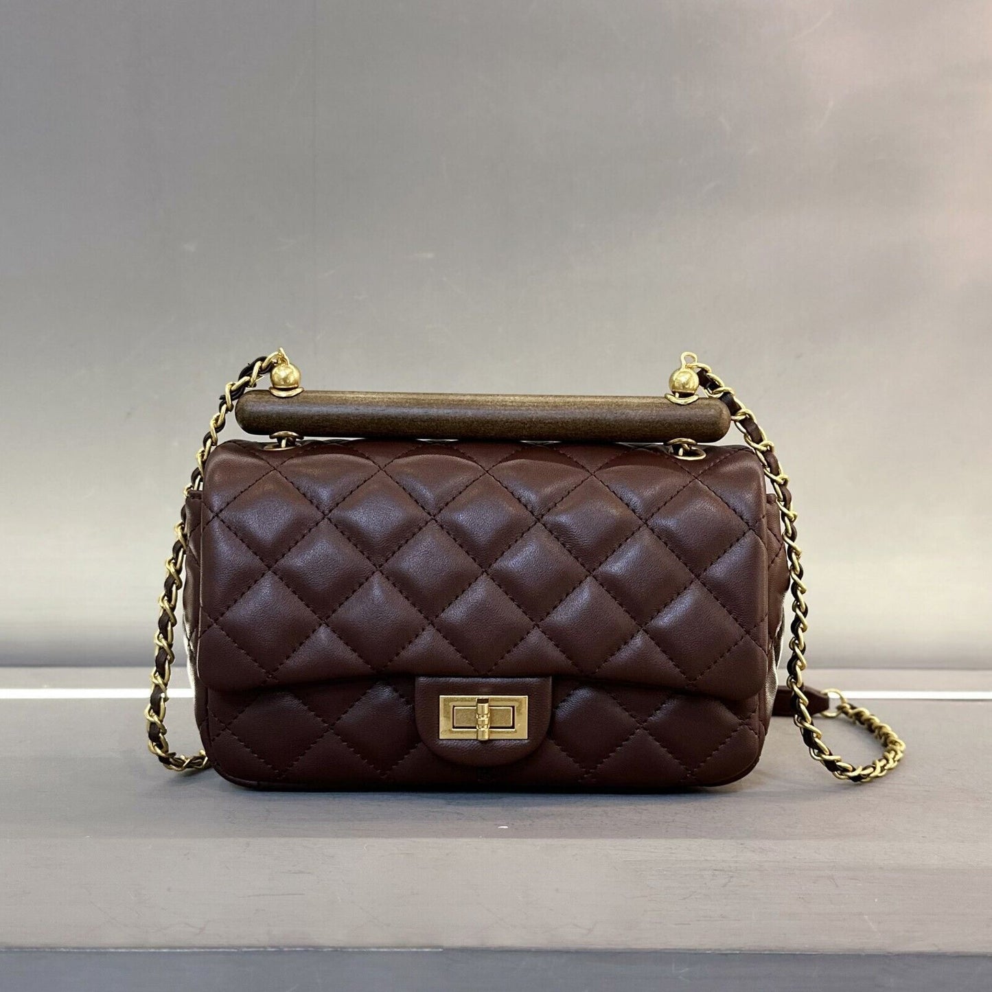 Small Mini Quilted Lambskin Leather Wood Handle Bag Flap Shoulder Purse w/ Chain