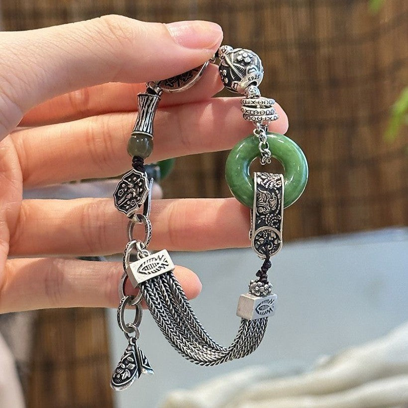 Vintage Chinese Jade Bracelet Retro Silver Tassel Beaded Bracelet for Women