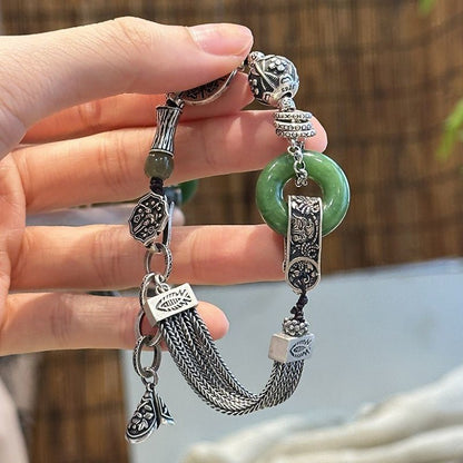 Vintage Chinese Jade Bracelet Retro Silver Tassel Beaded Bracelet for Women