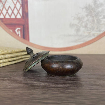 1.5" Diameter China Retro Antique Copper Alloy Incense Burner With Lid Ornament