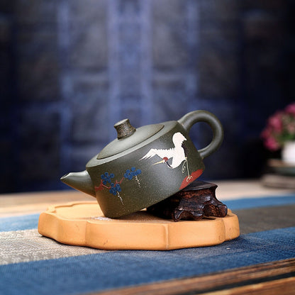 Zen Style Crane Relief Handmade Tea Pot Traditional 9 Infuser Holes Real Zisha