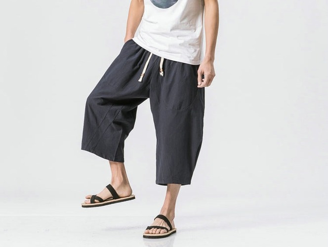 Man Cotton Linen Leg Pants Loose Calf-Length Pants Bloomer Summer Baggy Trousers