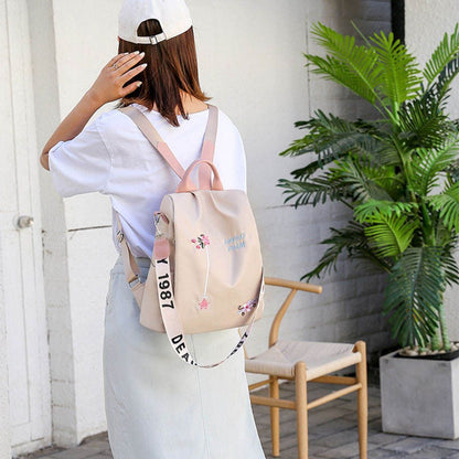 Nylon Backpack Flower Embroidered Shoulder School Book Bags Traveling Anti-Theft