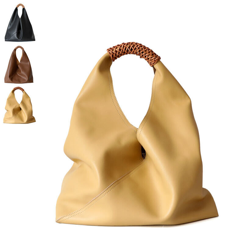 Raw Edge Leather Triangle Tote Hobo Shopper Shoulder Bag Sack Braided Handle