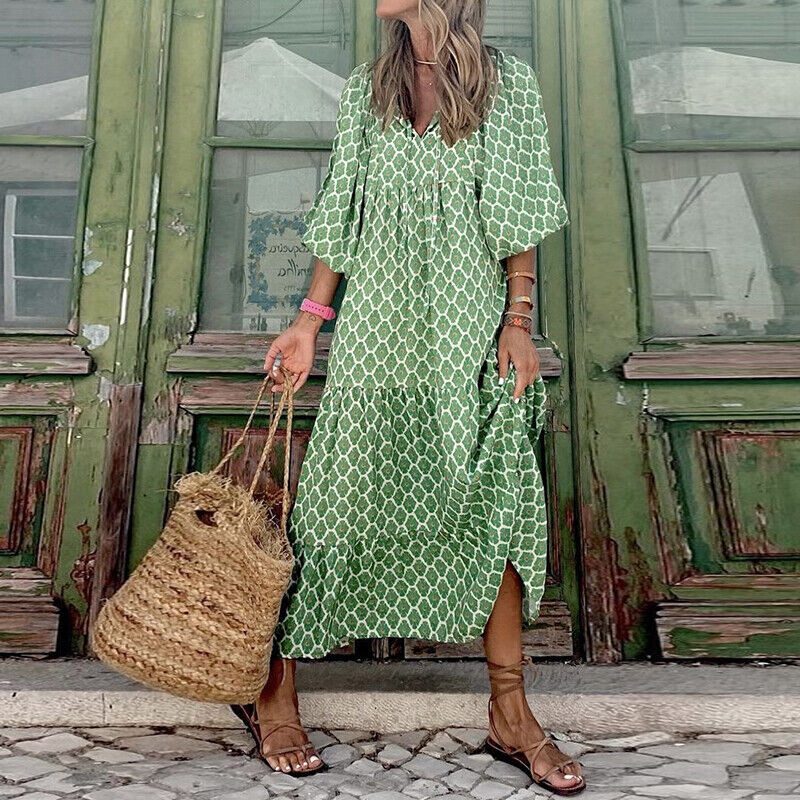 Women 3/4 Sleeve Maxi Dress Baggy Tunic V Neck Dresses Printed Boho Party Beach