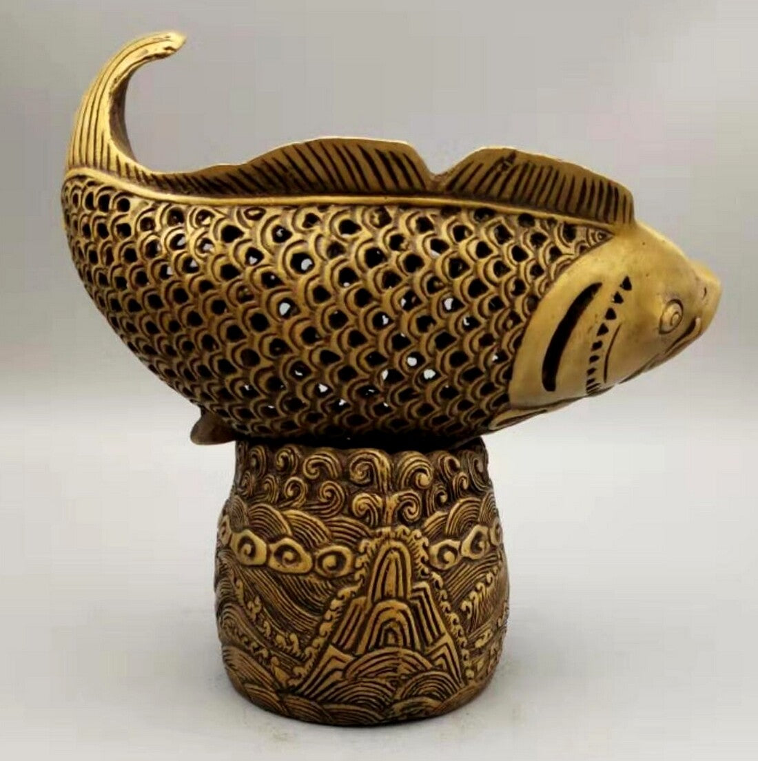 Brass Carved Fish Incense Burner Statue Animal Decor