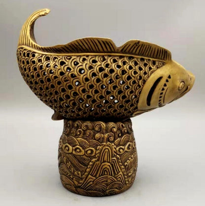 Brass Carved Fish Incense Burner Statue Animal Decor