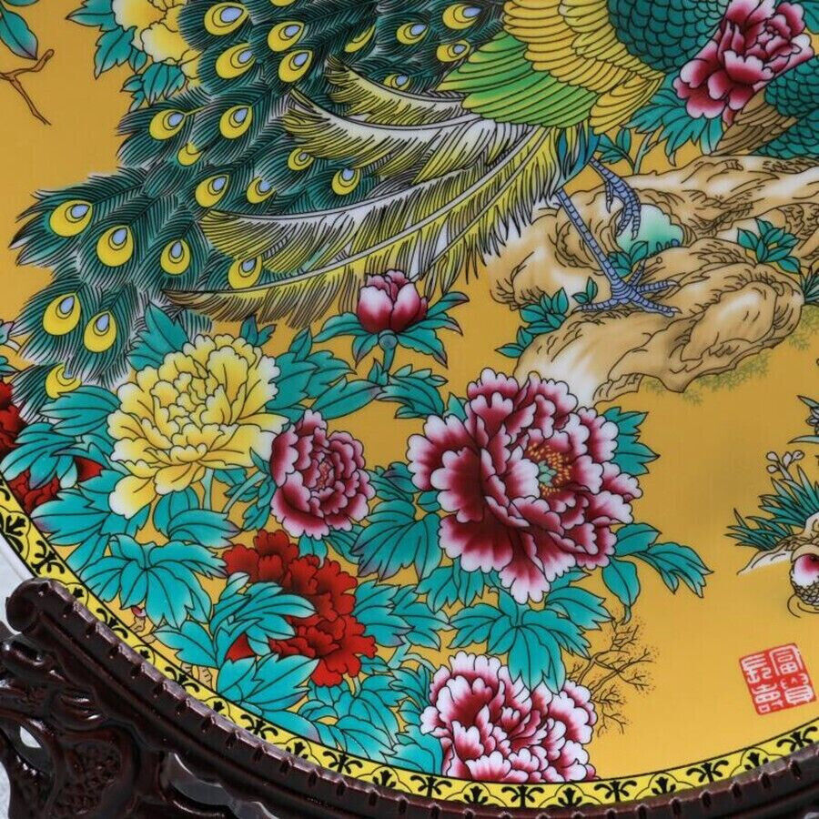 Old Chinese Porcelain color painted Peacock pattern plate Qing Qianlong Mark