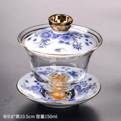 Tea Bowl Thickened Glass Tureen Tea Cover Bowl Lid Sancai Gaiwan Hand Painted