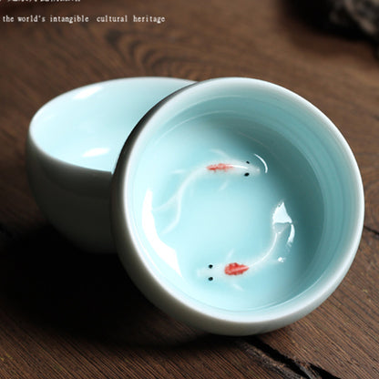 Longquan Porcelain Tea Cup Double Fish Set Marked Cup 55ml Longquan Celadon Cup