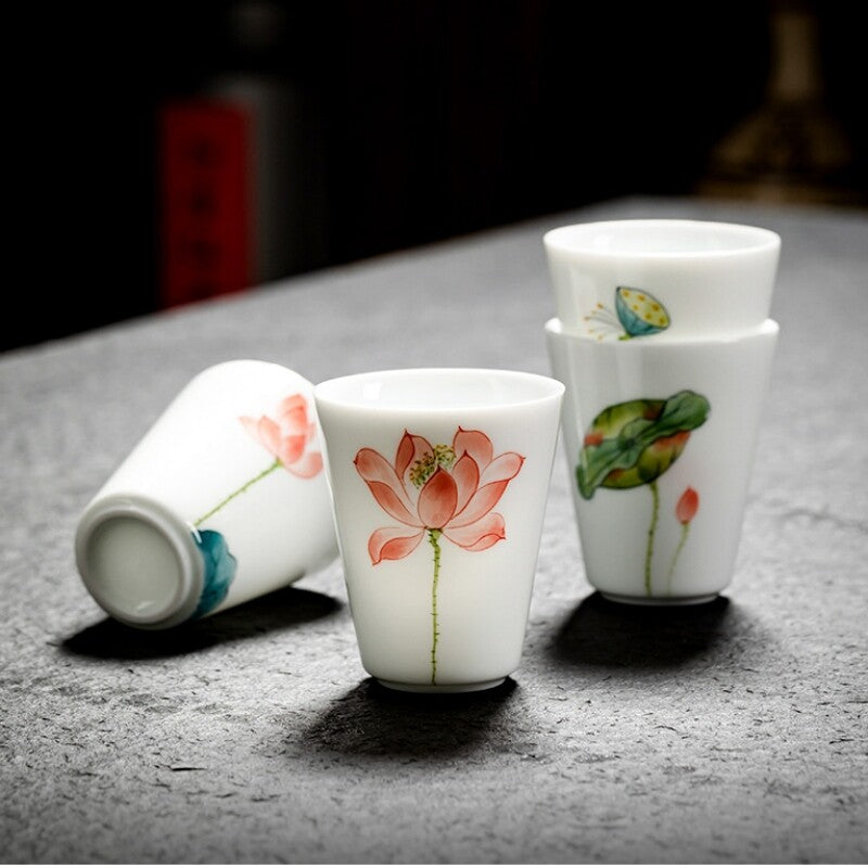 95ml Handpainted Lotus Print Fragrance Smelling Porcelain Cup Master Tea Cup New