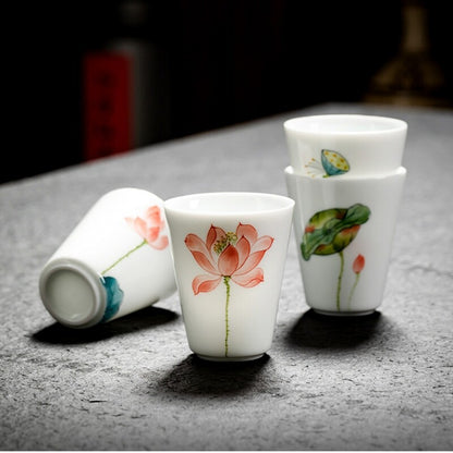 95ml Handpainted Lotus Print Fragrance Smelling Porcelain Cup Master Tea Cup New