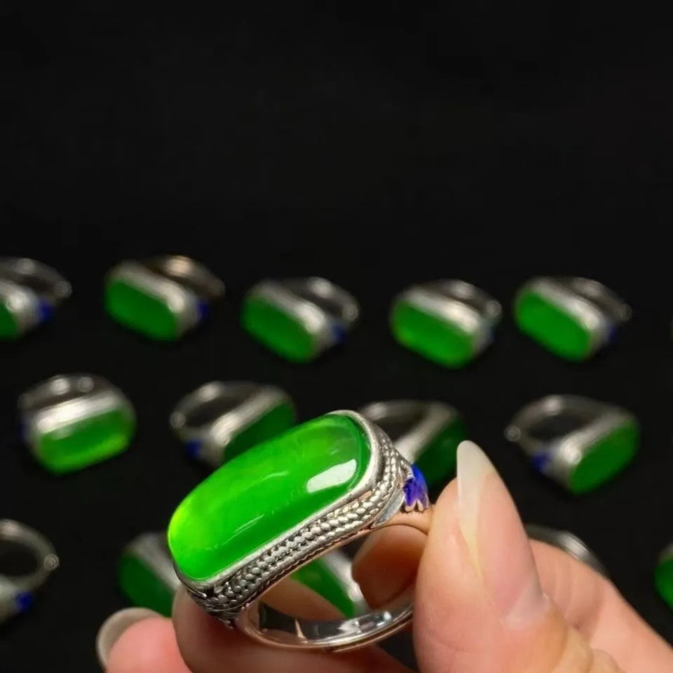 1Pc Tibetan Silver Inlaid Natural Jade Ethnic Style Ring Ring