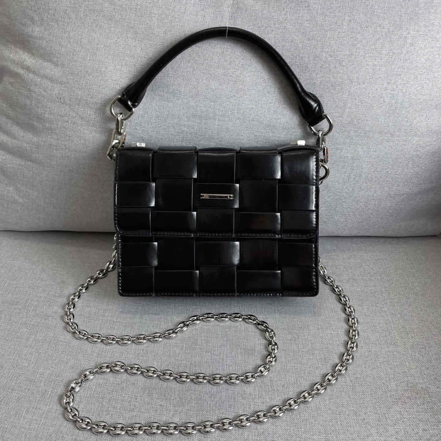 Woven Leather Small Flap Purse Chains Satchel Mini Tote Crossbody Shoulder Bag