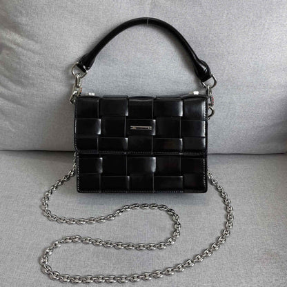 Woven Leather Small Flap Purse Chains Satchel Mini Tote Crossbody Shoulder Bag
