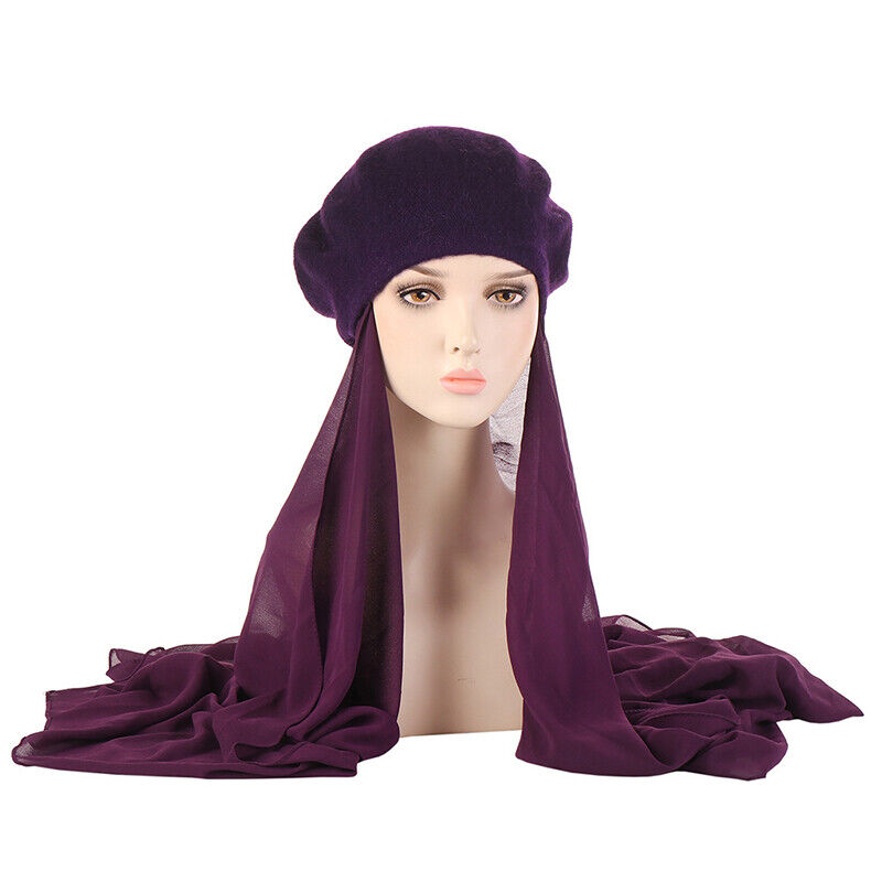 Womens Beret Hat Chiffon Scarf Instant Hijab Shawls Wrap Headsacrf Bandana Caps↖