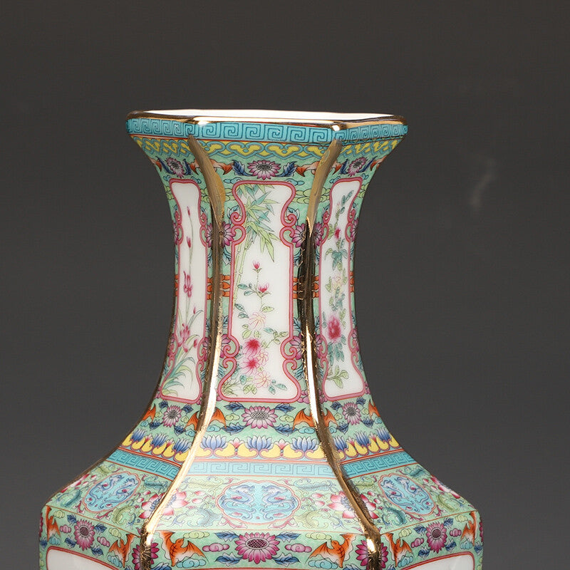11.1" Chinese Qing Porcelain Gild 12 Zodiac Animal Six Sides Flower Vase