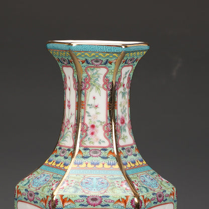 11.1" Chinese Qing Porcelain Gild 12 Zodiac Animal Six Sides Flower Vase