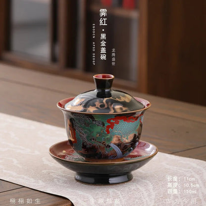 Ceramic Sancai Gaiwan Single Tea Bowl Blue Glaze Large Size with Lid Household