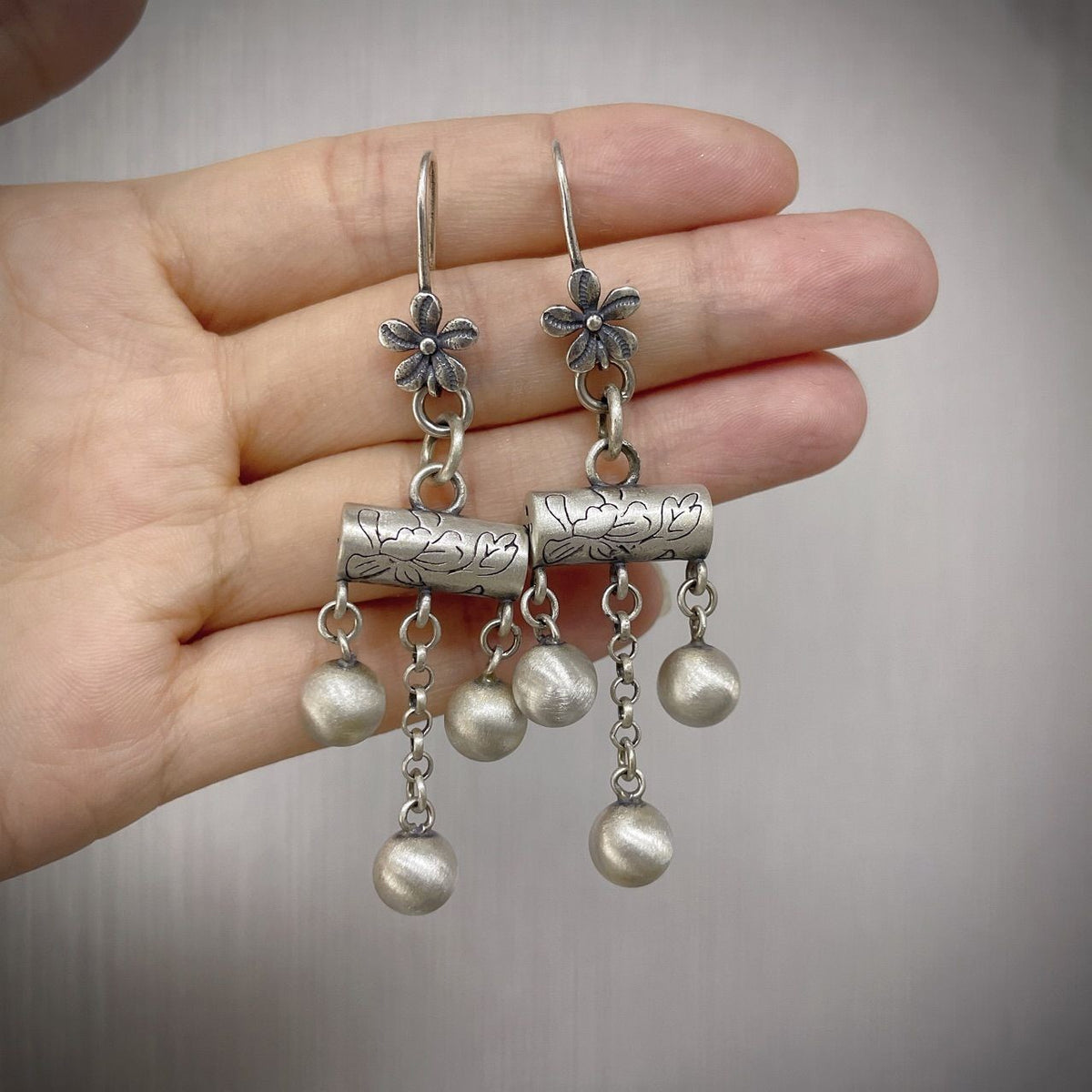 Chinese Style Floral Tassel Earrings Retro Distressed Lotus Drop Dangle Pair