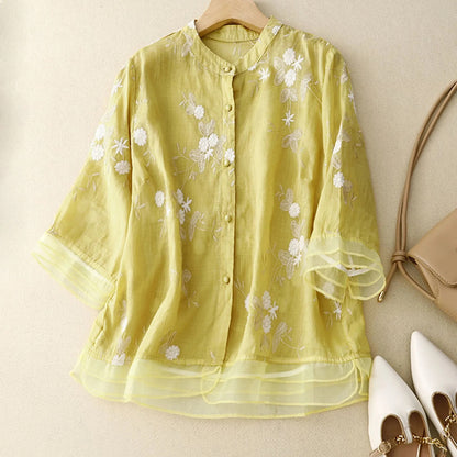 Women'S Cotton Linen Floral Shirts Embroidery Chinese Style Loose Blouse