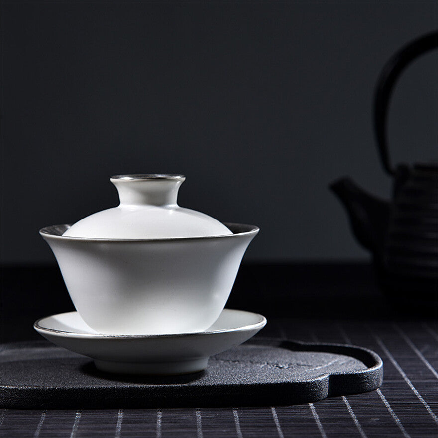 Five Kiln Tea Bowl Gaiwan Teacup Gilt Silver Porcelain Kung Fu Silver Tea Bowl