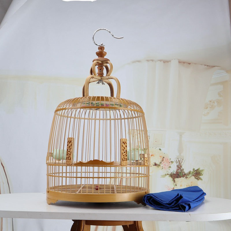 27.5 Cm Chinese Circular Shape Carving Bamboo Wood Birdcage