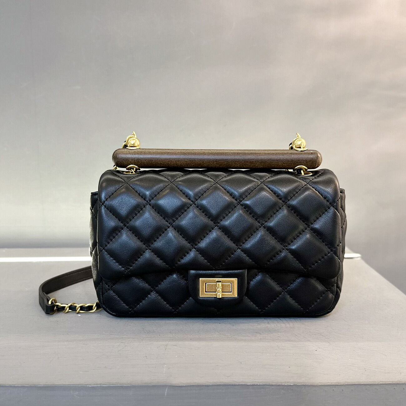 Small Mini Quilted Lambskin Leather Wood Handle Bag Flap Shoulder Purse w/ Chain