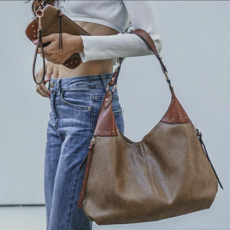 Concealed Carry Women Studs Hobo Shoulder Handbag Purse Tote Hobo Bag W/ Wallet