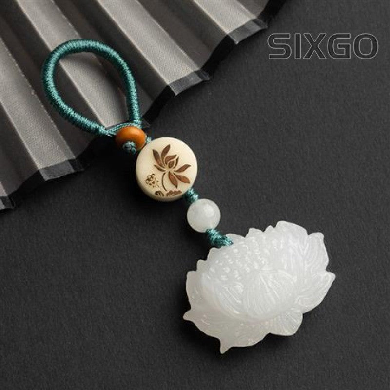 Jade Lotus Pendant Peace Symbol Car Keychain Handmade Cord