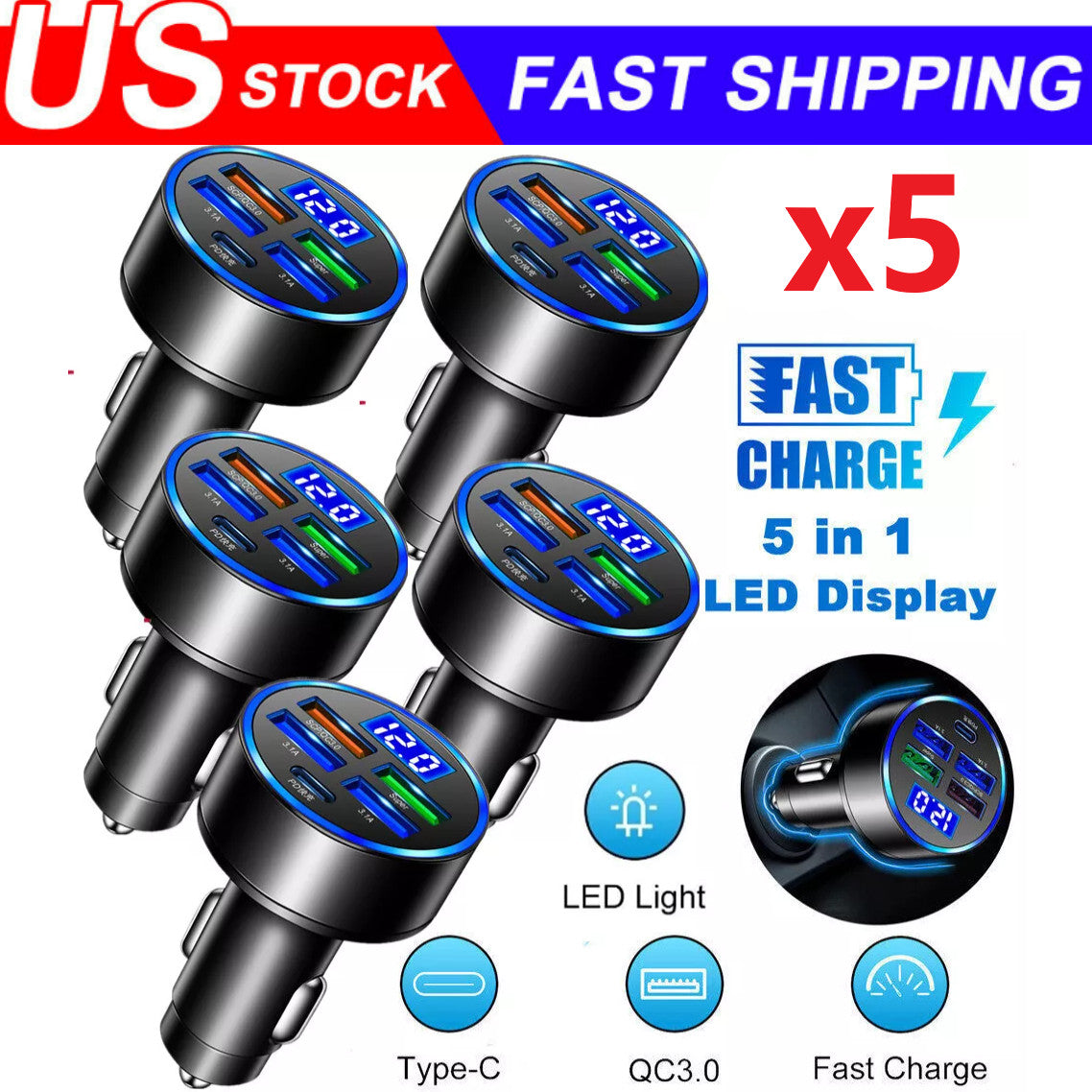 5PCS 4 USB Port Super Fast Car Charger Adapter for iPhone Samsung Android Phone