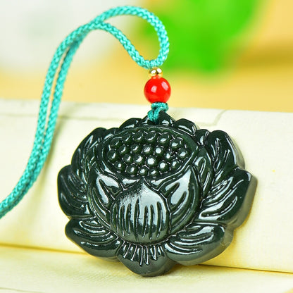 Jade Hand Carving Lucky Pretty Lotus Flower Pendant