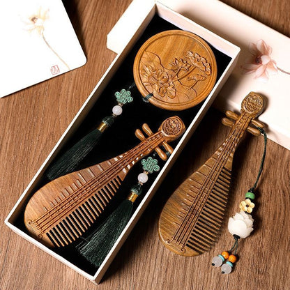 Sandalwood Gufeng Pipa Comb Mirror Set Chinese Style Gift Box Wooden Comb Set