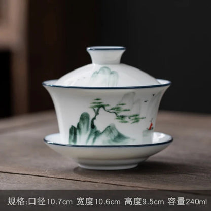 Jingdezhen-Hand Drawn Tea Bowl with Cover, Ceramic Tea Set, White Porcelain