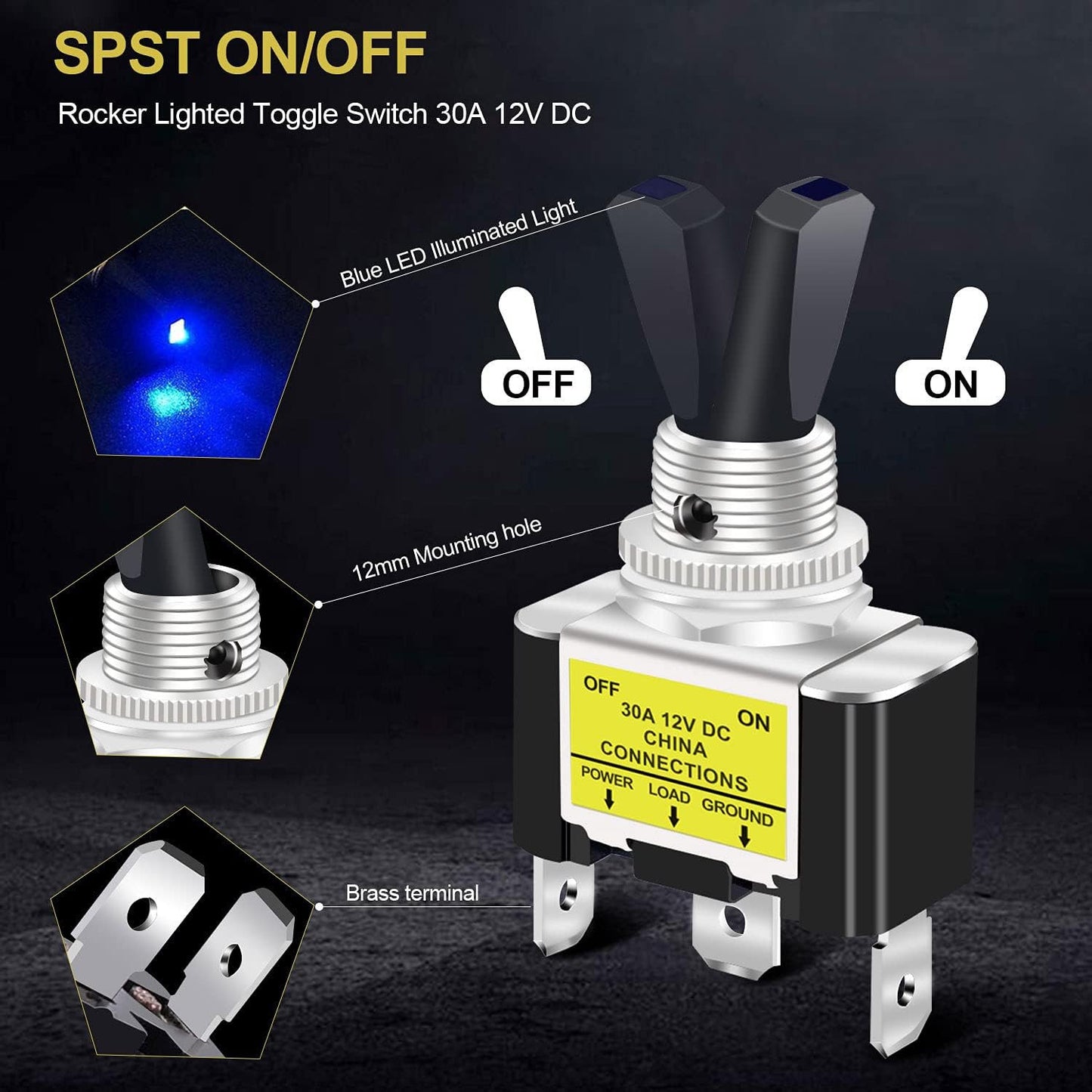 Blue LED Light 3Pin Rocker Toggle ON/Off Switch 30A 12V for Car Boat Marine Lot