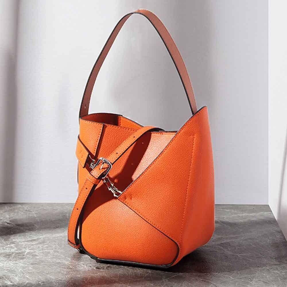 Genuine Leather Bucket Bag Women American Style Bags Orange Tote Purses