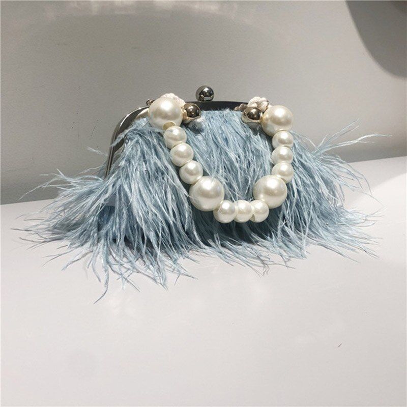 Small Feather Handbag Party Purse Elegant White Pearl Chain Shoulder Bag 22*20*4