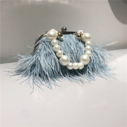 Small Feather Handbag Party Purse Elegant White Pearl Chain Shoulder Bag 22*20*4