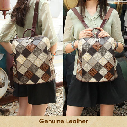 Retro Backpack Genuine Leather Shoulder Bags 12" Travel Bag Patchwork Multicolor