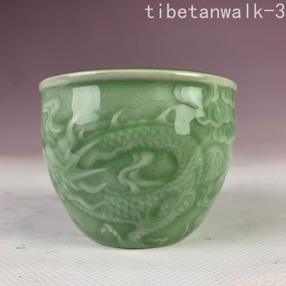 3.0"in Chinese Qing Green Glaze Porcelain Relief Dragon Cloud Design Teacup